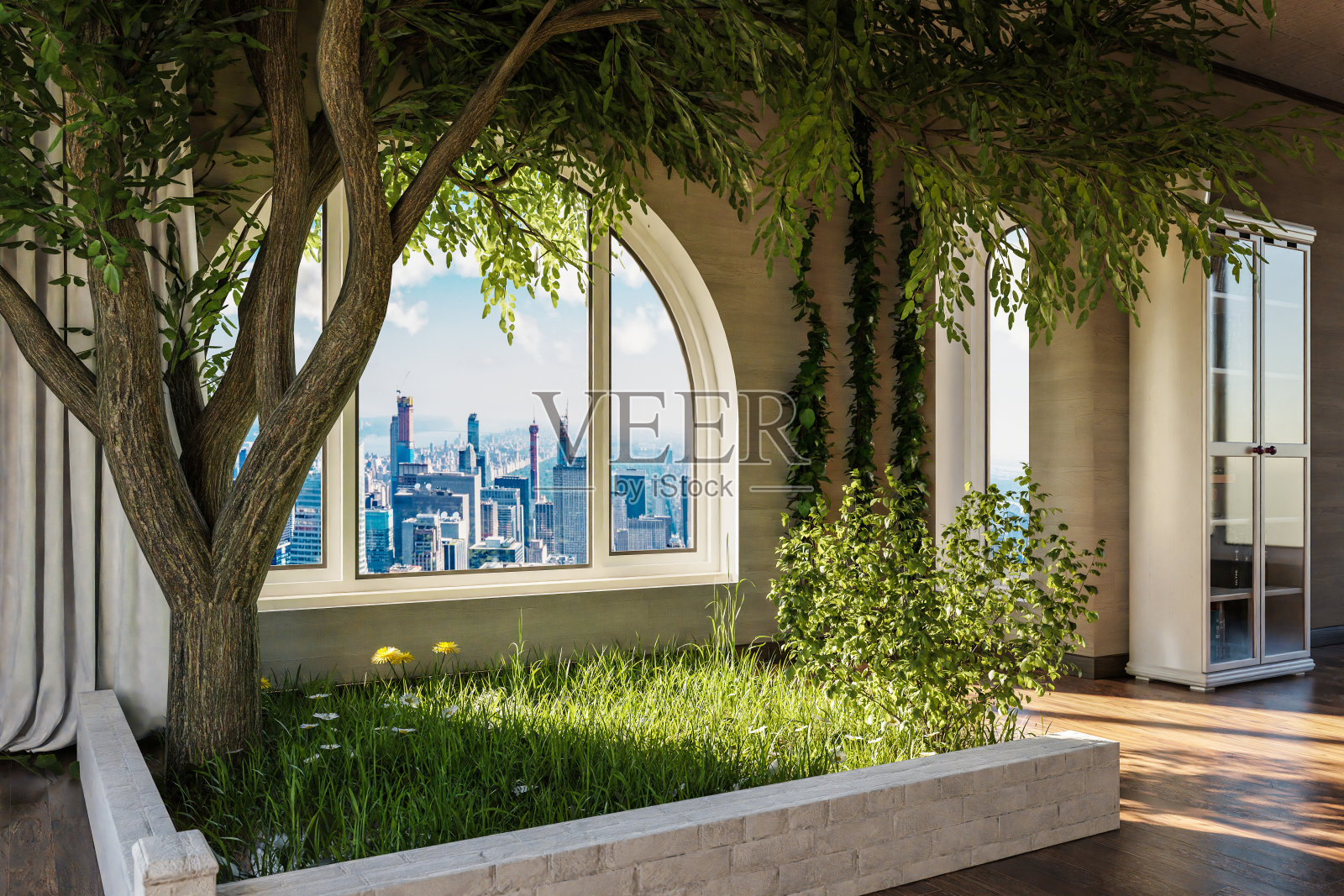 市中心带拱形窗的Loft公寓;室内花园，绿树成荫;出差远程工作理念;三维演示照片摄影图片