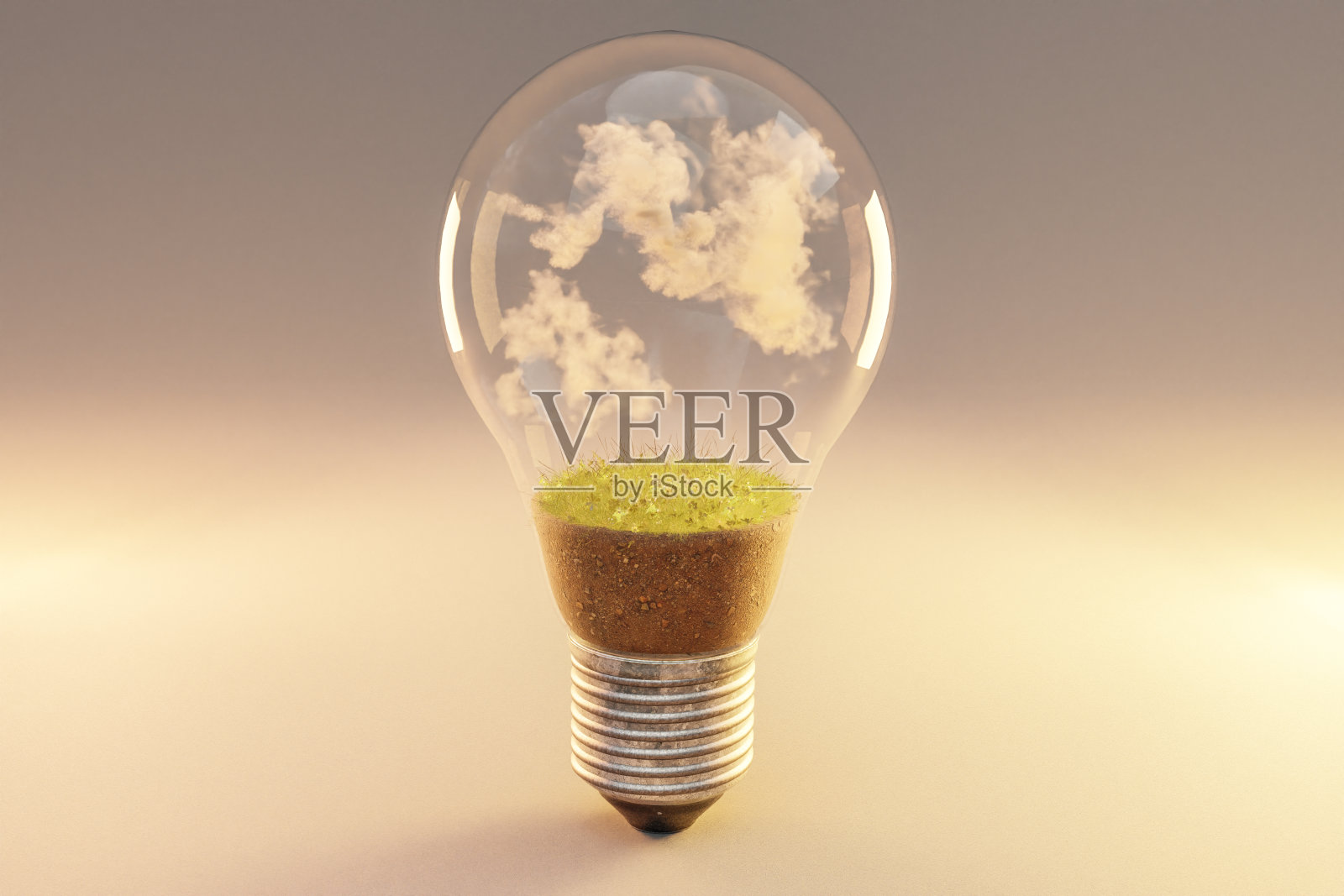 一个灯泡带着绿土和云;可再生清洁能源理念;三维演示照片摄影图片