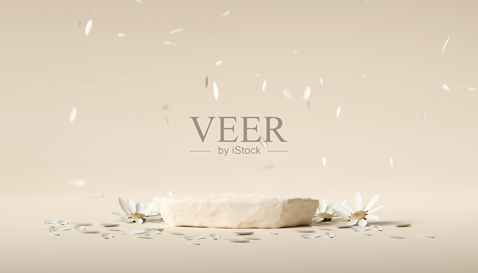 3D石头米色讲台或舞台和绿色树叶。实物展台产品场景背景。三维讲台舞台图解照片摄影图片