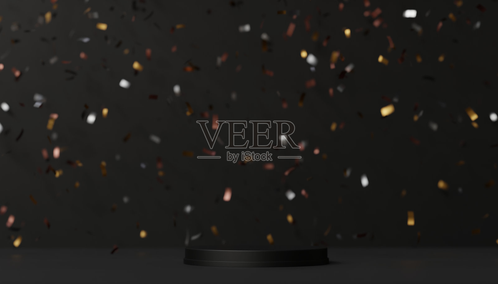 3D黑金讲台或黑金讲台舞台。优雅的讲台样机展台产品现场深色背景与晚会彩纸闪闪发光。3d讲台舞台插图渲染。照片摄影图片