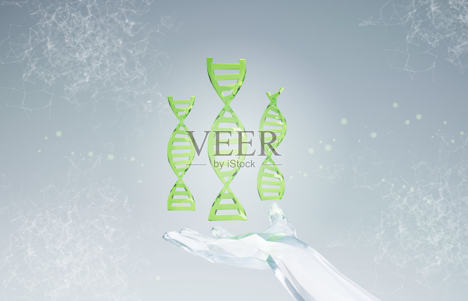 手握绿色DNA。生物学概念与绿色DNA螺旋基因或遗传全息图分子在白底。3d插图渲染。DNA全息图牵手照片摄影图片