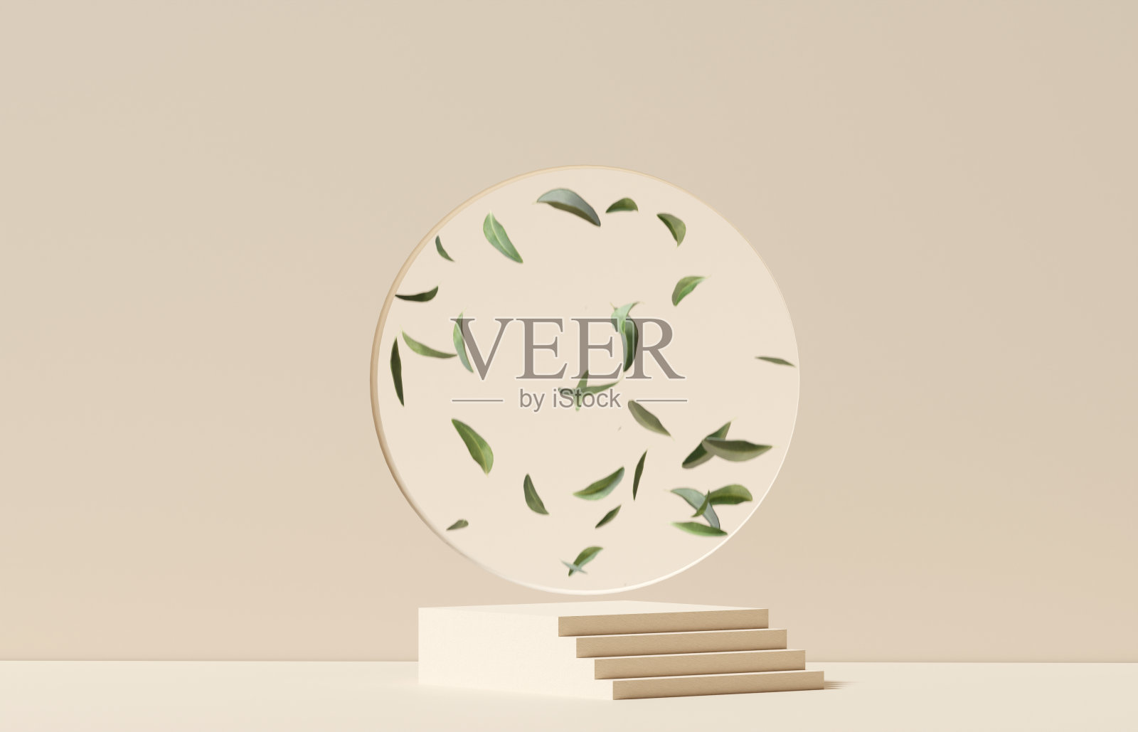 3D石头米色讲台或舞台和绿色树叶。实物展台产品场景背景。三维讲台舞台图解照片摄影图片