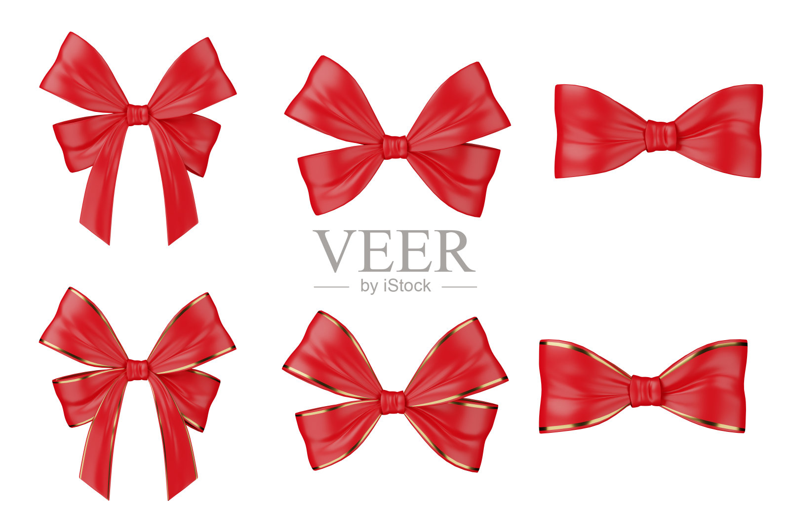 收集3d红色蝴蝶结或丝带金色的礼物孤立在一个白色背景的节日装饰。3 dillustration照片摄影图片