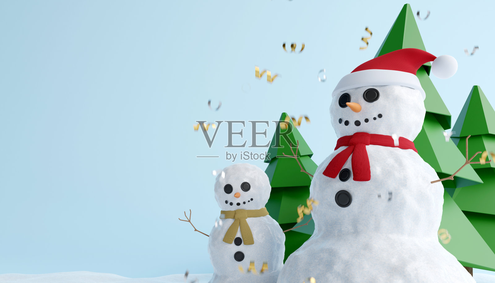 圣诞概念白色快乐雪人和宝宝雪人与红色围巾与圣诞老人帽子和绿色的松树在蓝色的背景。三维演示照片摄影图片