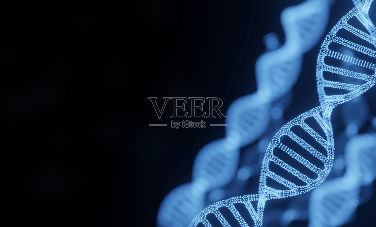 生物学概念与蓝色DNA螺旋基因或遗传分子在黑色背景。三维演示照片摄影图片