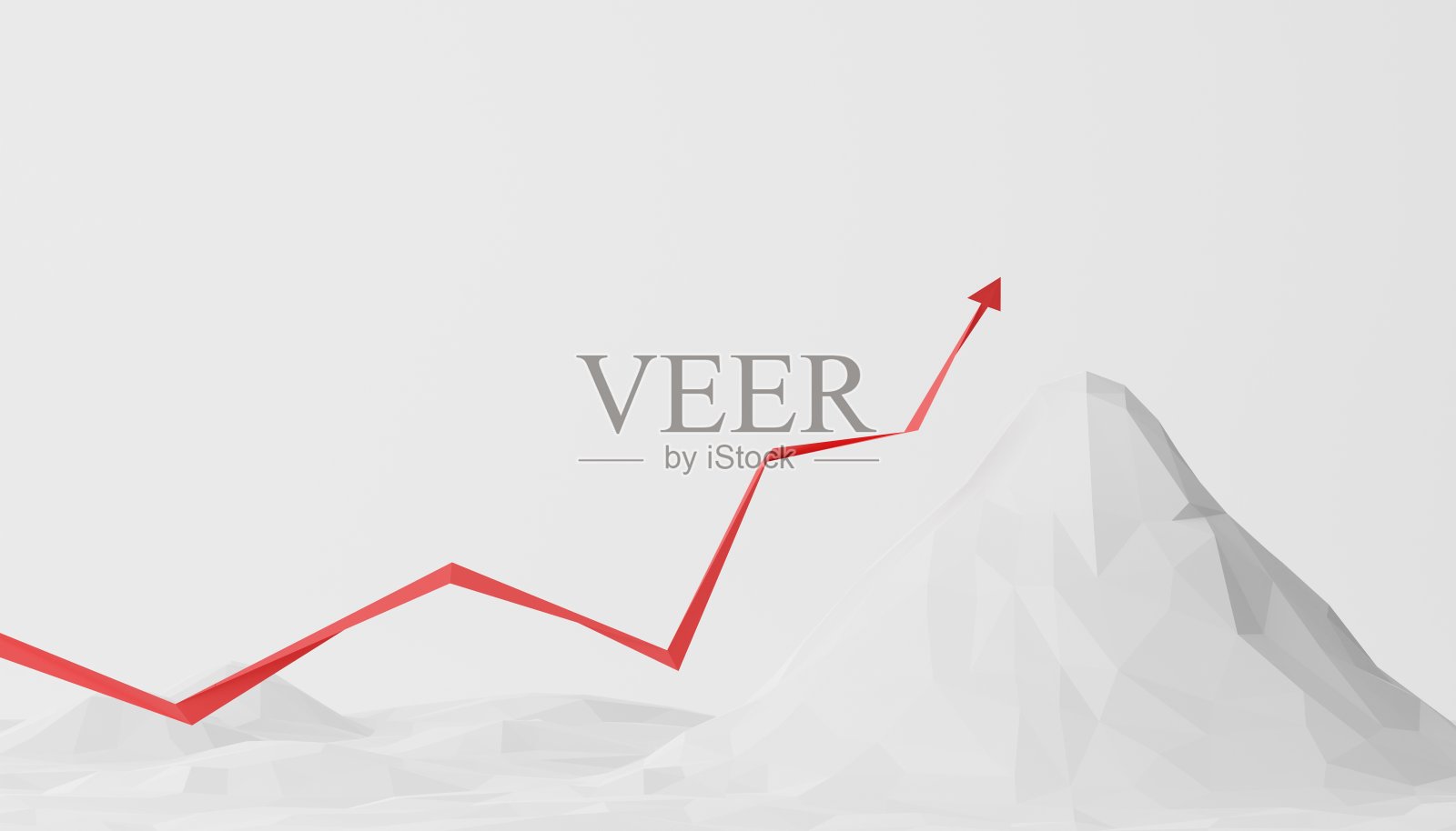 商业概念。白色的山低聚与红色生长箭头在白色的背景。ESG或持续增长的业务。三维演示照片摄影图片