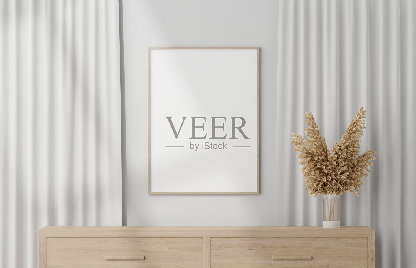 家庭现代木框架和橱柜与干花瓶模拟或空白封闭在白色的墙壁背景。框架模型。三维演示照片摄影图片