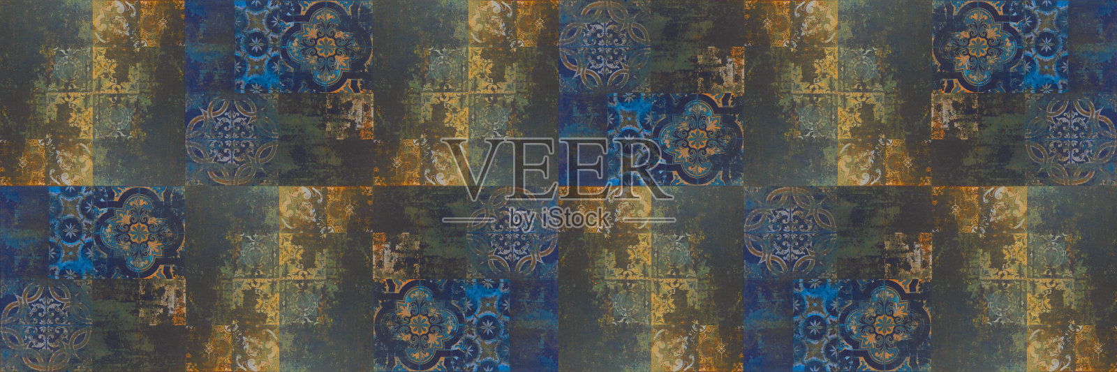 抽象老黑、蓝、褐、锈、锈复古复古磨损几何arabesque破旧马赛克华丽拼接图案陶瓷、瓷砖、石材、混凝土、水泥墙纹理背景全景照片摄影图片