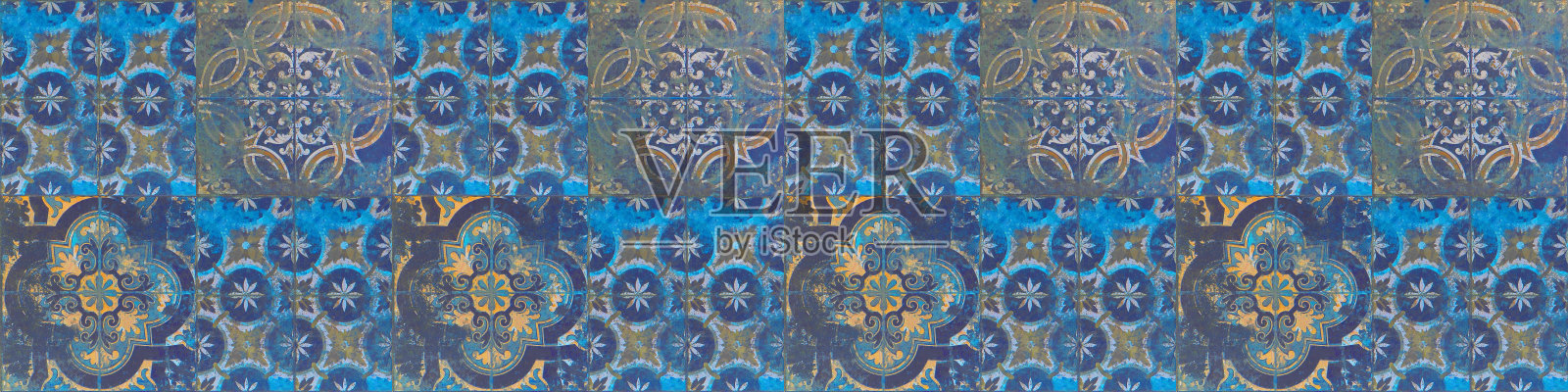 抽象老黑、蓝、褐、锈、锈复古复古磨损几何arabesque破旧马赛克华丽拼接图案陶瓷、瓷砖、石材、混凝土、水泥墙纹理背景全景照片摄影图片