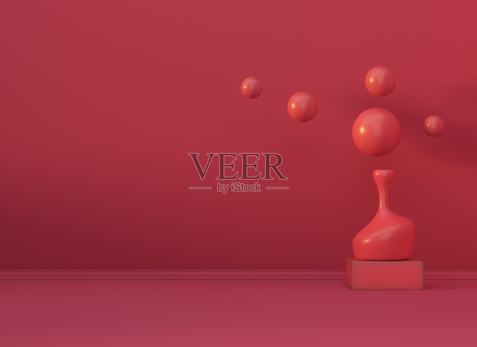 极简主义的红色室内场景与花瓶和抽象的球体照片摄影图片