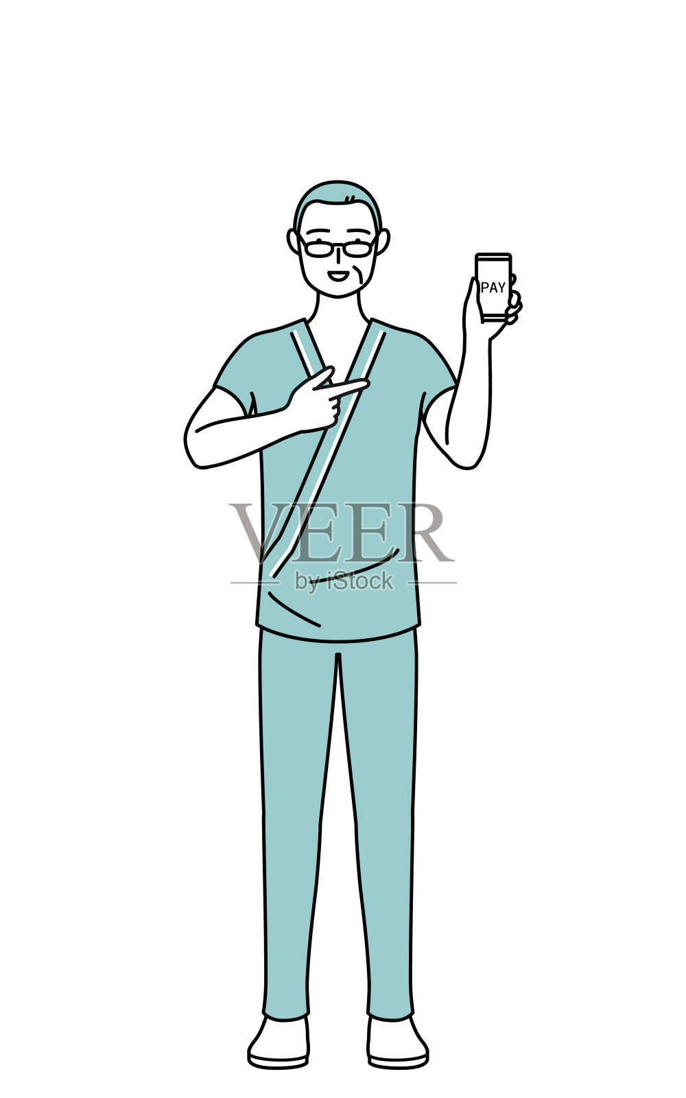 住院的中老年男性患者穿着医院长袍，建议用智能手机进行无现金在线支付。插画图片素材