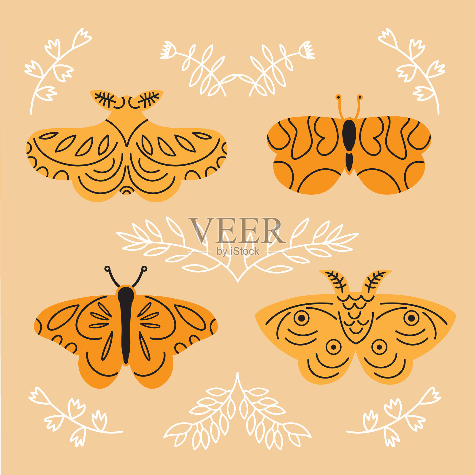 春暖花开，蝴蝶飞舞。花卉装饰和优雅的蝴蝶平底风格。昆虫，夏天飞舞的蝴蝶和花画。隔离的矢量图标集的纺织品设计插画图片素材