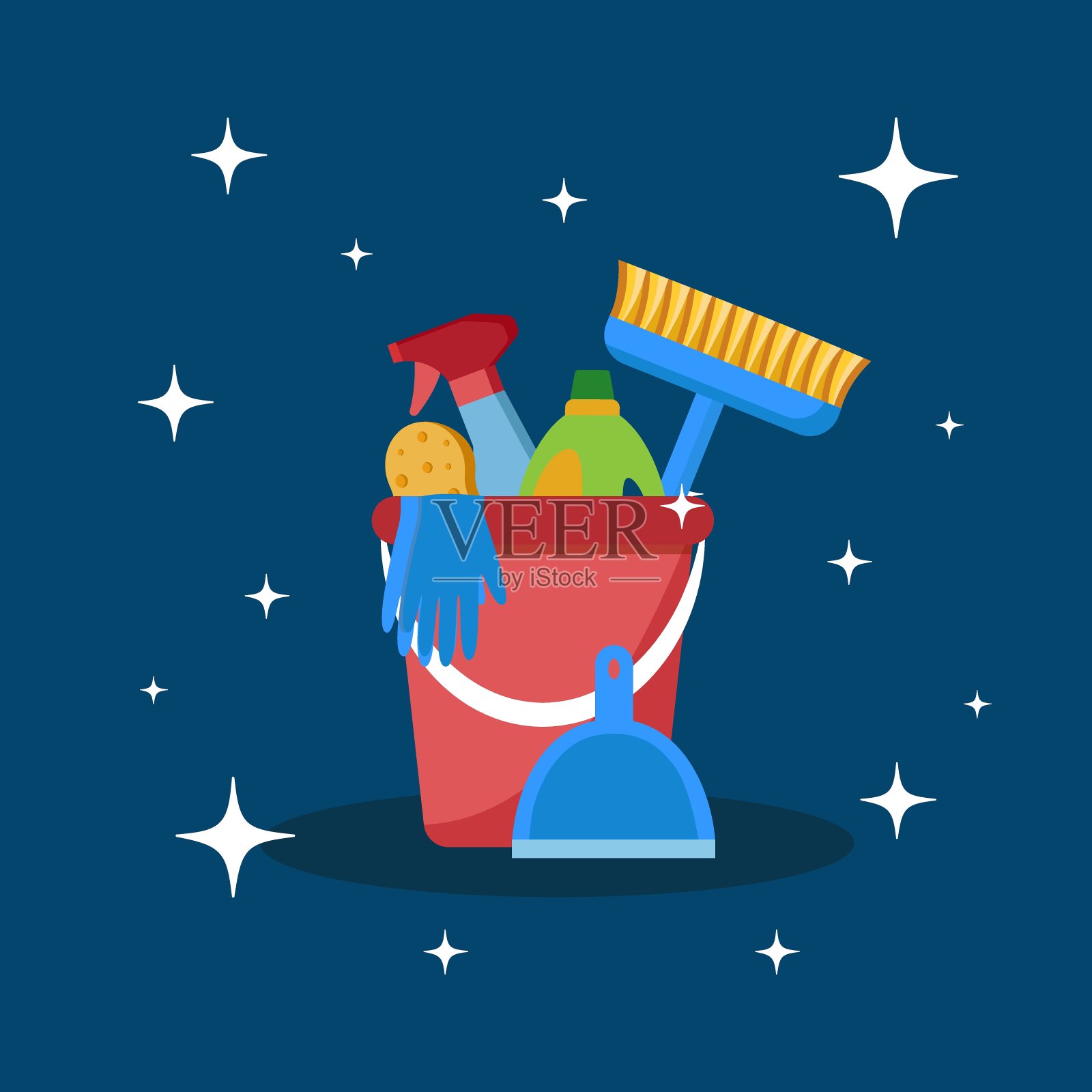 各种清洁用品，包括扫帚，水桶，拖把，喷雾，刷子，海绵。清洁配件扁平式。插画图片素材