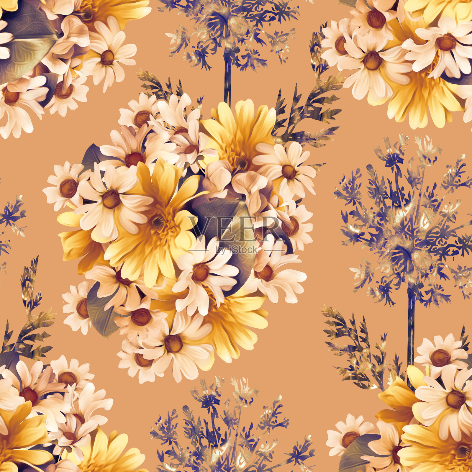 甘菊花束与野花无缝图案。插画图片素材