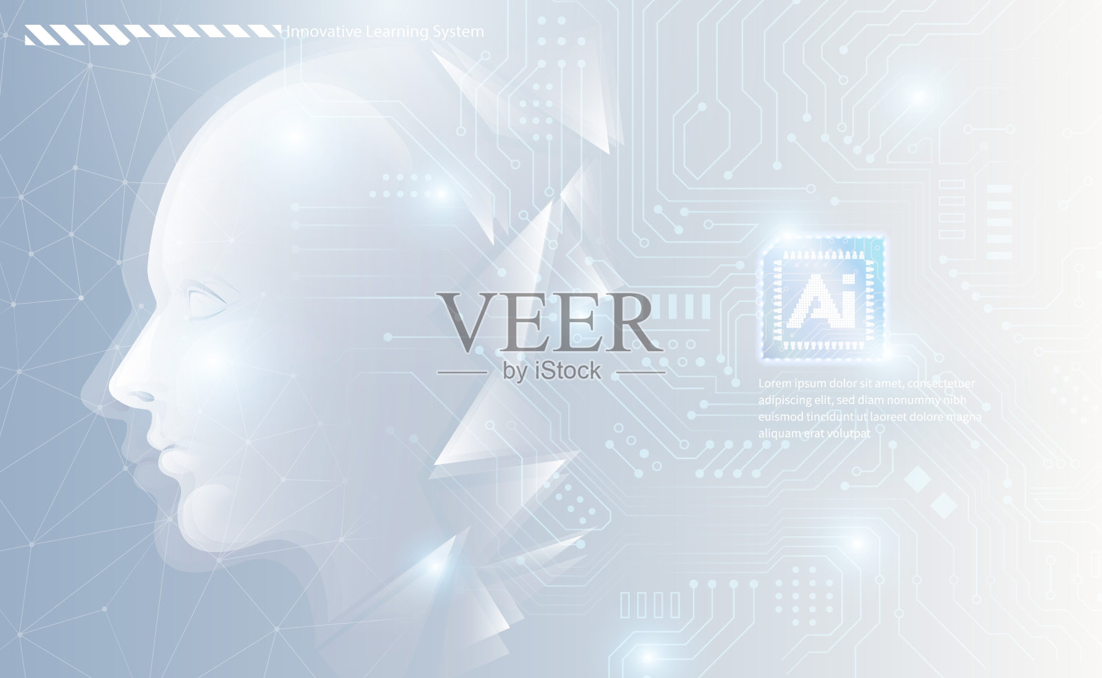 人工智能技术概念人工抽象人的侧脸与未来风格的芯片电路板背景插画图片素材