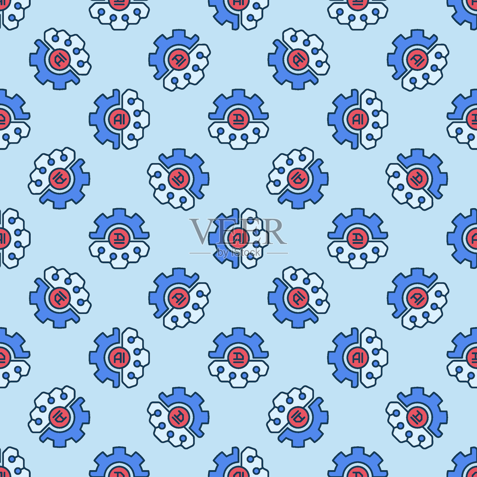 AI大脑与齿轮矢量人工智能彩色无缝图案插画图片素材