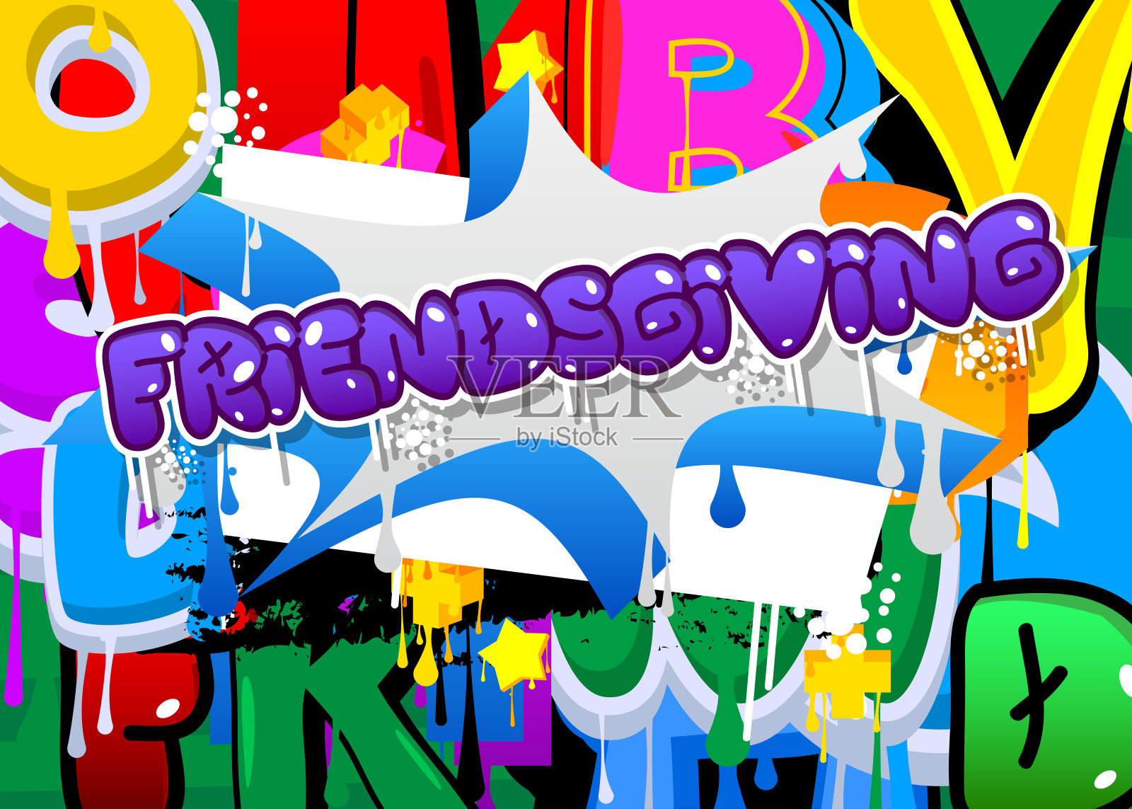 Friendsgiving。涂鸦标签。抽象的现代节日街头艺术装饰表现为城市绘画风格。插画图片素材