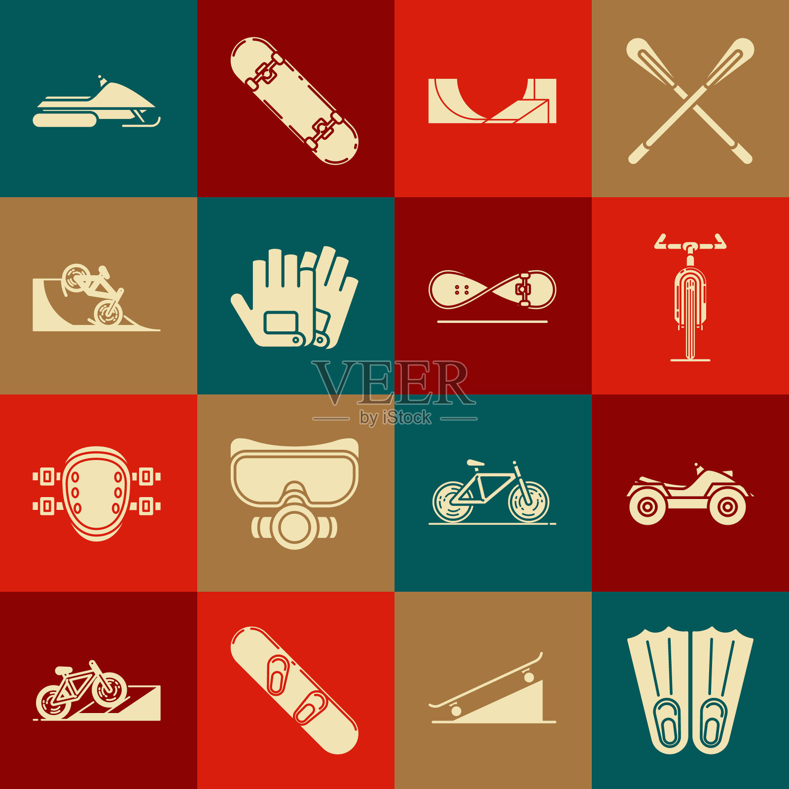 设置游泳，全地形车辆ATV摩托车，自行车，滑板公园，手套，在街道坡道，雪地摩托和滑板技巧图标橡胶脚蹼。向量图标素材