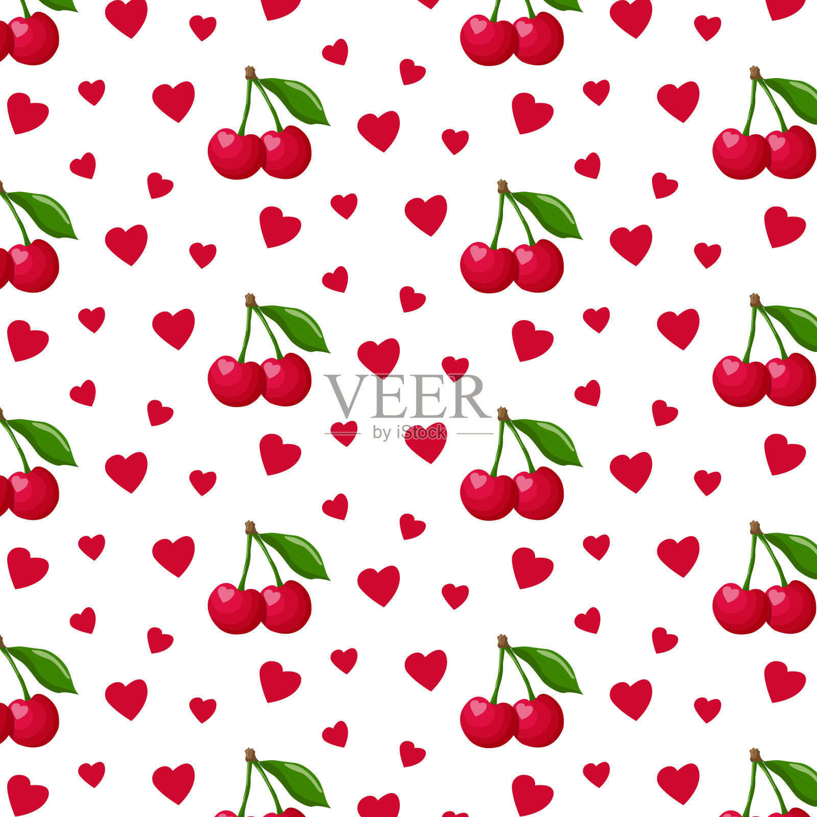 一束樱桃和红心无缝图案。用于标签、菜单、海报、印刷品或包装设计。矢量图插画图片素材