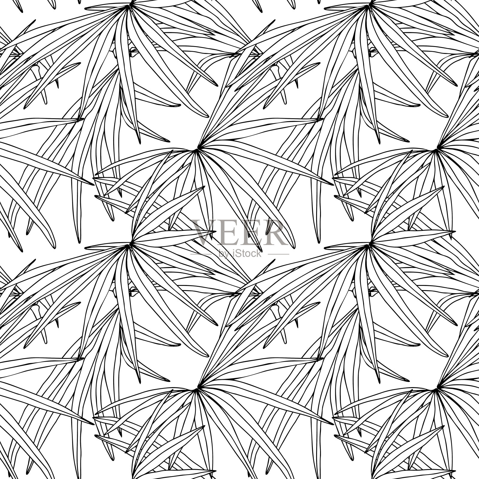 丛林棕榈叶为表面无缝图案设计，墨色黑白手绘背景插画图片素材