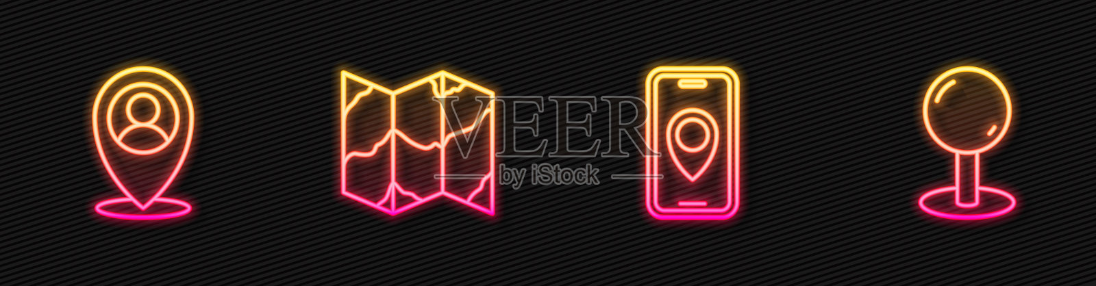 设置线城市地图导航，位置与人，折叠和推针。发光的霓虹灯图标。向量插画图片素材