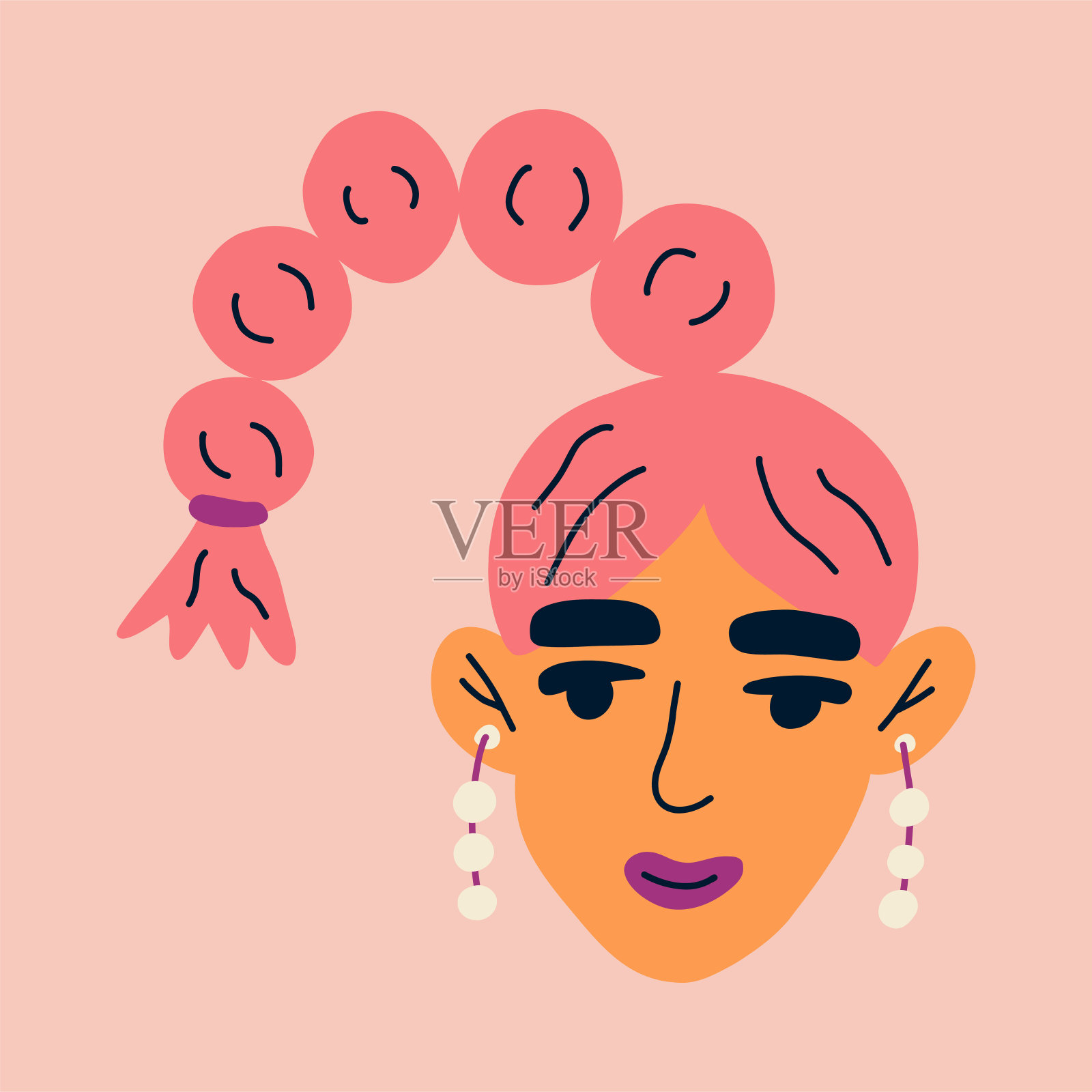 可爱的年轻女孩的肖像与镰刀和耳线。欧洲女性角色的化身孤立在白色背景上。手绘矢量插图明信片，海报，社会网络。插画图片素材