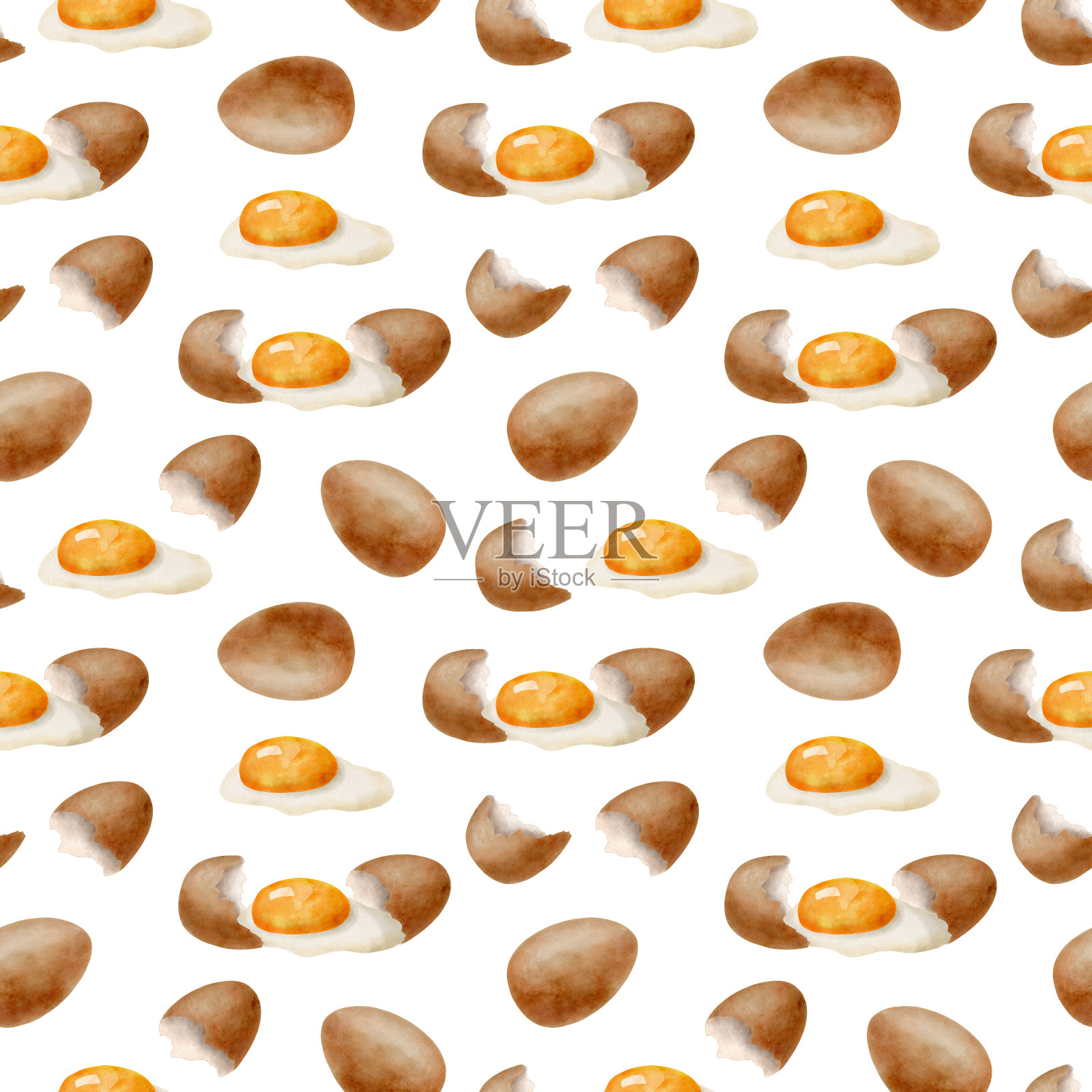 水彩鸡蛋无缝图案。手绘棕色鸡蛋与蛋黄和玻璃重复插图孤立的白色背景。烹饪原料天然有机生态。新鲜的农贸市场食品。插画图片素材