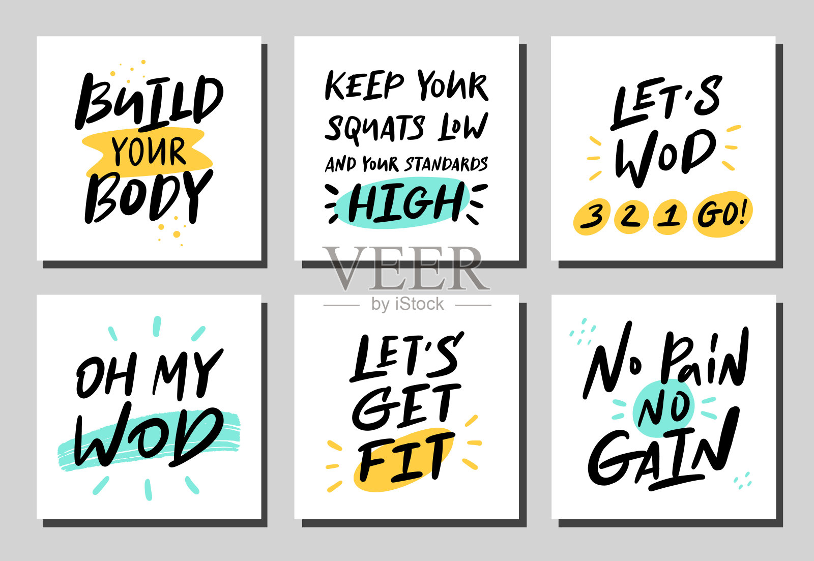 一套关于体育的方形海报。矢量书法艺术品。理念为跑步者，健身教练，健身广告，健美者，健康生活。图形的社交媒体，名片，贴纸，t恤印刷。插画图片素材