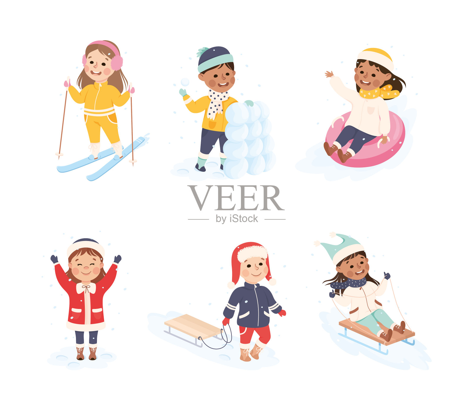兴奋的男孩和女孩享受冬天的户外插画图片素材