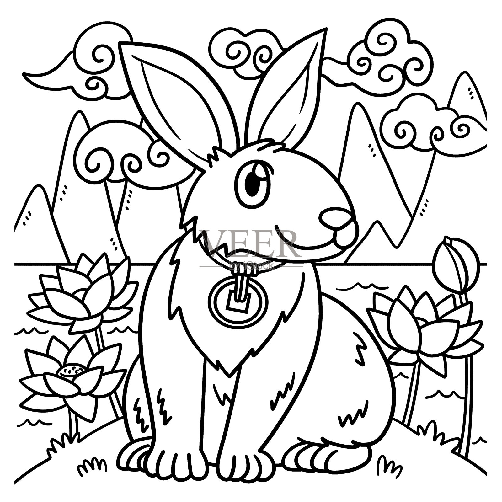 荷花园里的兔子兔年上色插画图片素材