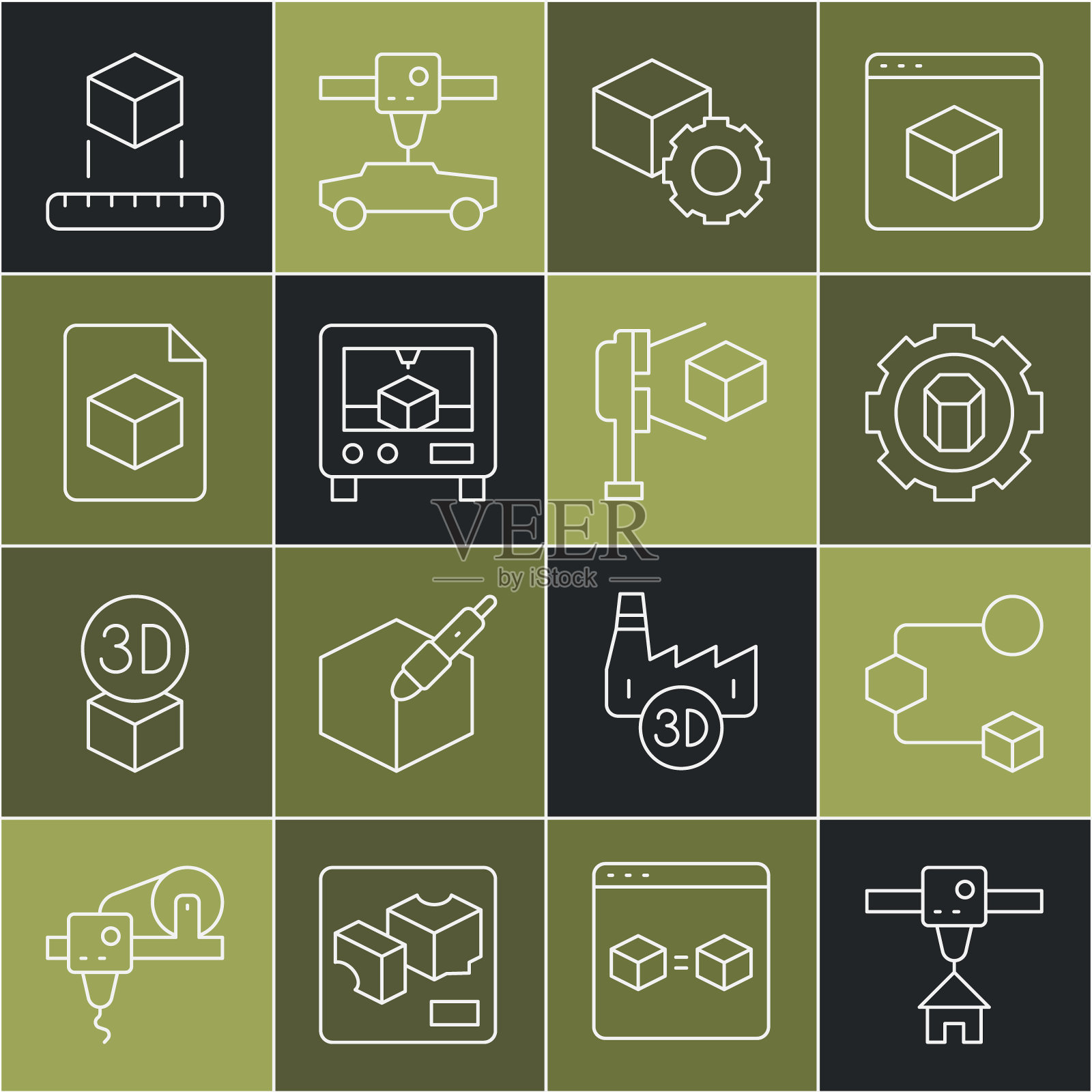设置线3D打印机的房子，等距立方体，设置，文件，扫描仪与图标。向量图标素材