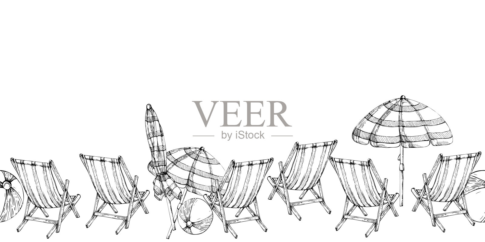 手绘矢量墨水条纹沙滩椅和伞。无缝水平横幅。孤立在白色背景上。设计墙面艺术、婚礼、印花、布艺、封面、卡片、旅游、旅游小册子。插画图片素材