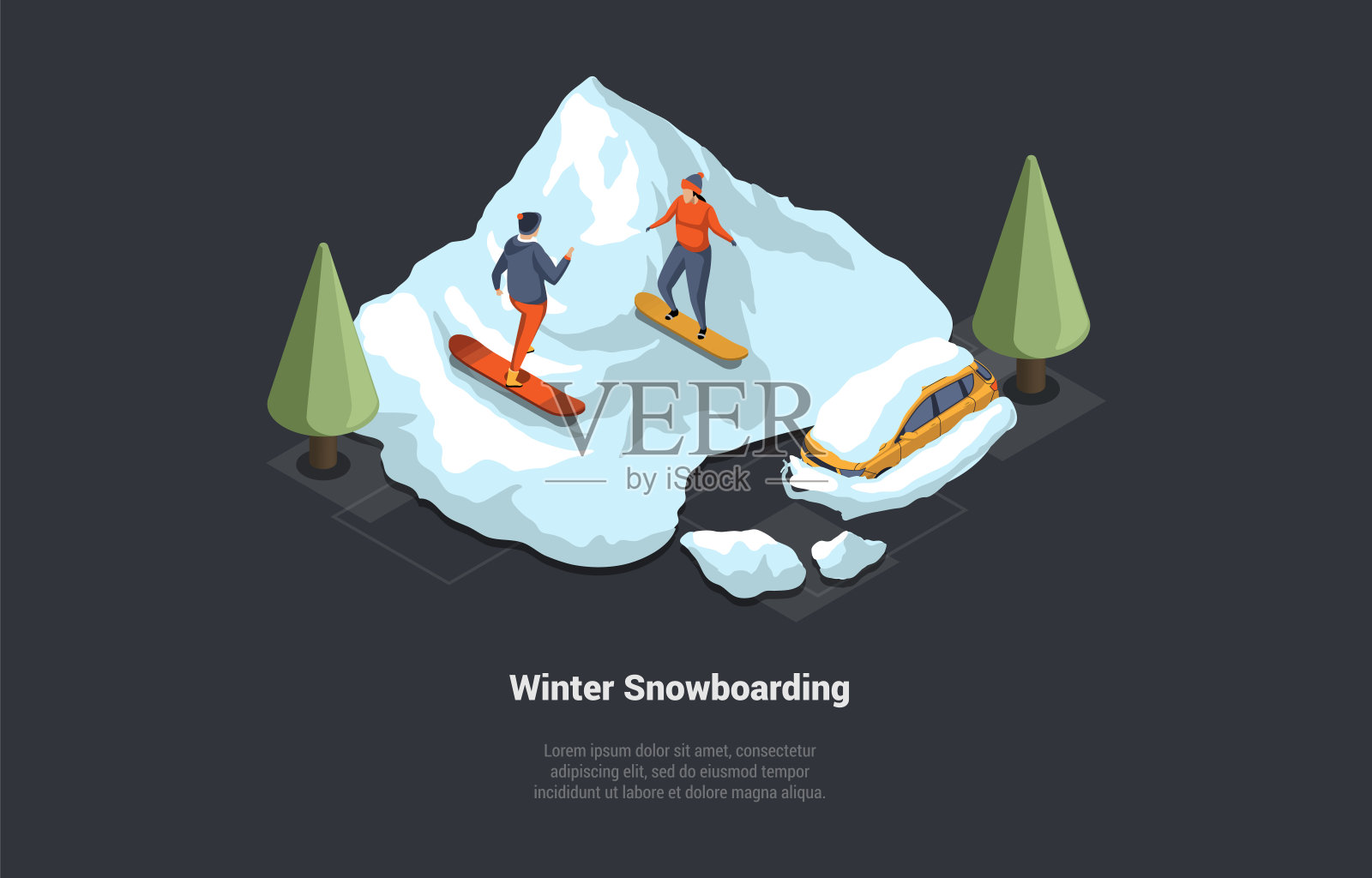 冬季假期和滑雪度假的概念。冬天的风景与汽车与雪的屋顶。男人和女人一起滑雪下坡，玩得很开心。等距三维矢量插图插画图片素材