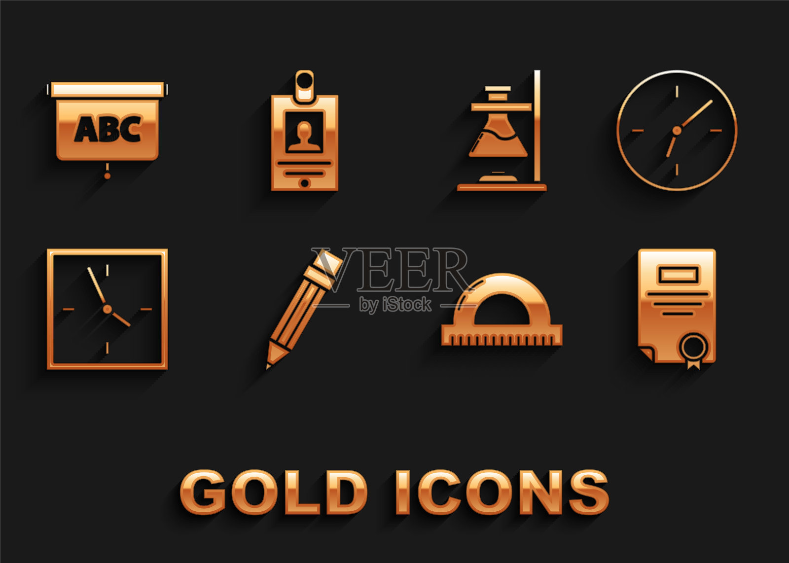 设置铅笔橡皮，时钟，证书模板，量角器网格测量度，玻璃试管烧瓶在火上，黑板和标识徽章图标。向量图标素材