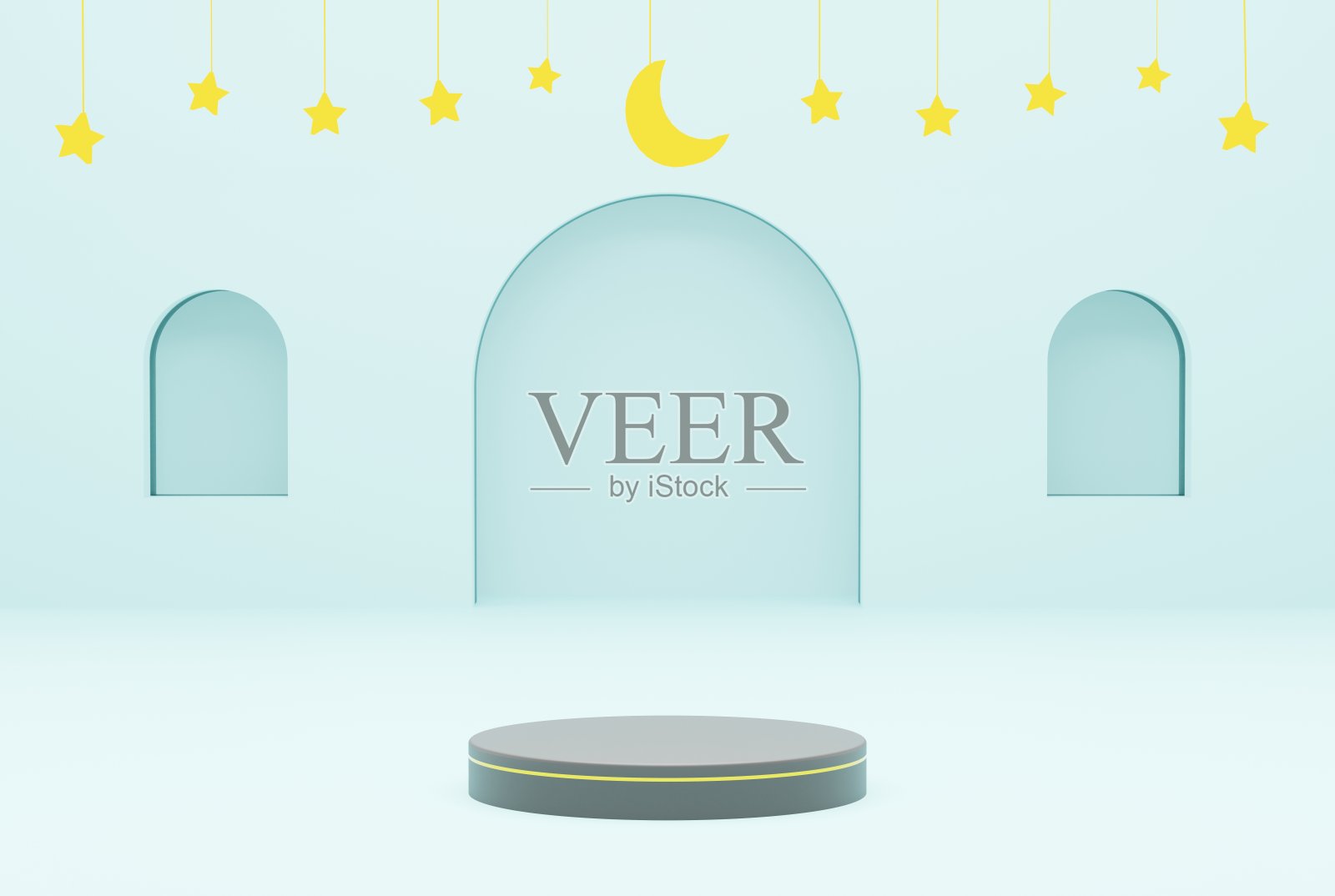 3d平台与蓝色的天空背景星和新月金色，斋月，开斋节和伊斯兰教的概念。三维插图渲染照片摄影图片