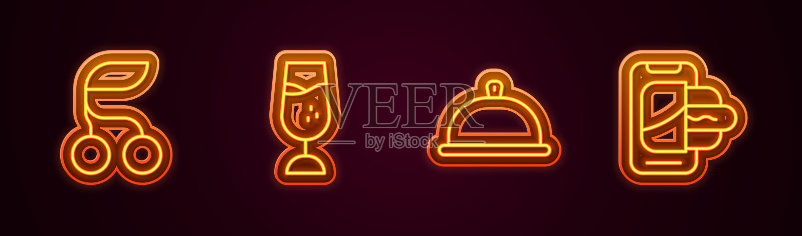 设置线新鲜浆果，葡萄酒杯，覆盖与食品托盘和食品订购移动。发光的霓虹灯图标。向量图标素材