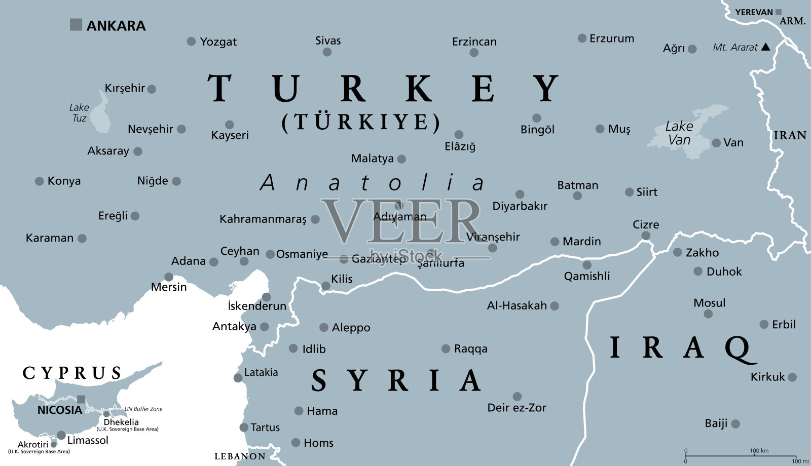 土耳其安纳托利亚半岛部分地区，灰色政治地图插画图片素材