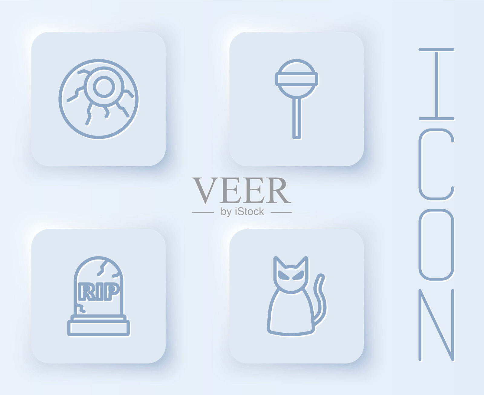 设置线眼，棒棒糖，墓碑与RIP写和黑猫。白色方形按钮。向量插画图片素材