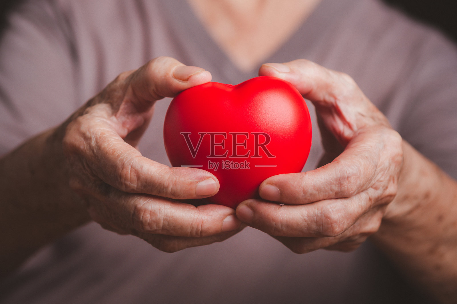 一位年长妇女的手拿着一个红色的心形。照片摄影图片