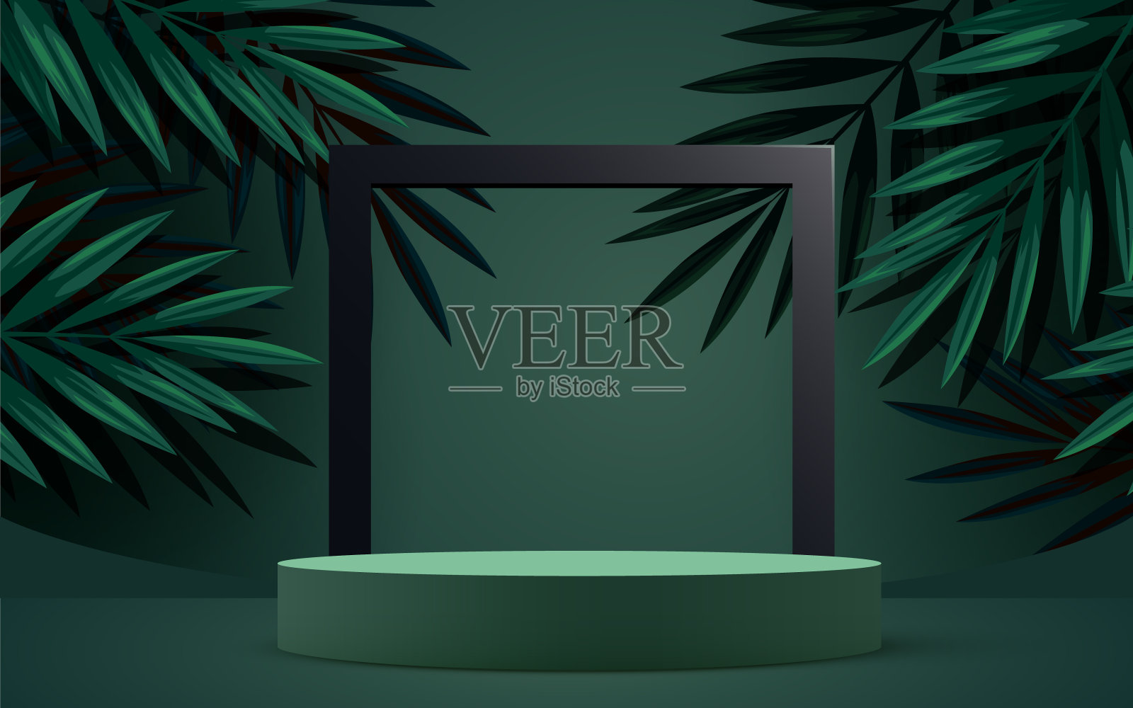 摘要生态场景背景。圆柱柱基具叶。产品介绍，实物模型，展示天然化妆品。讲台、台座或平台。插画图片素材