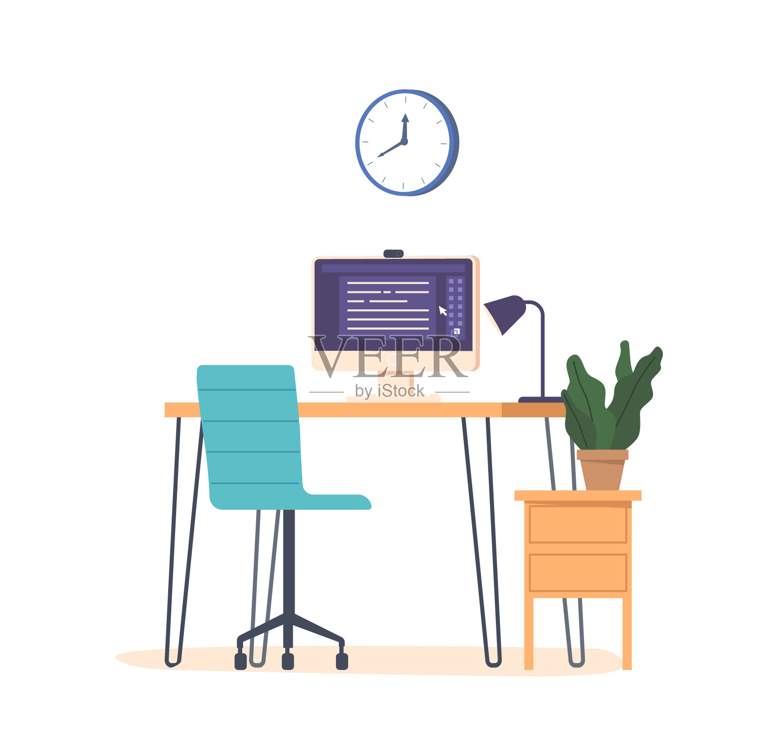 桌子，电脑和椅子。现代工作站的生产力，具有符合人体工程学的椅子，圆滑的台式电脑插画图片素材