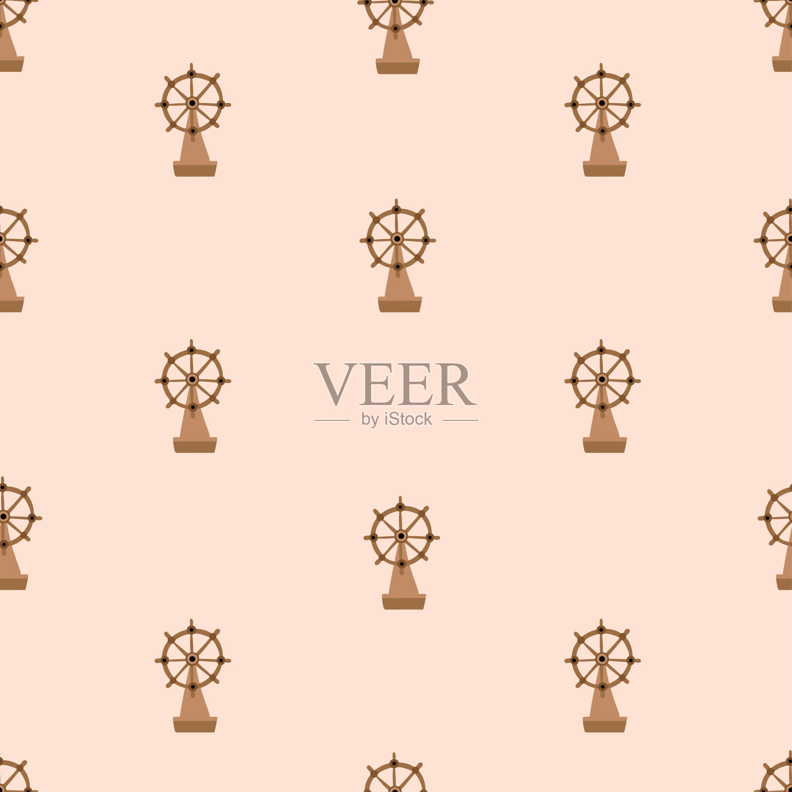 无缝模式。船的方向盘。木制舵，古董设备。彩色矢量插图手绘印刷或卡片。包装或织物、纸或纺织品。插画图片素材