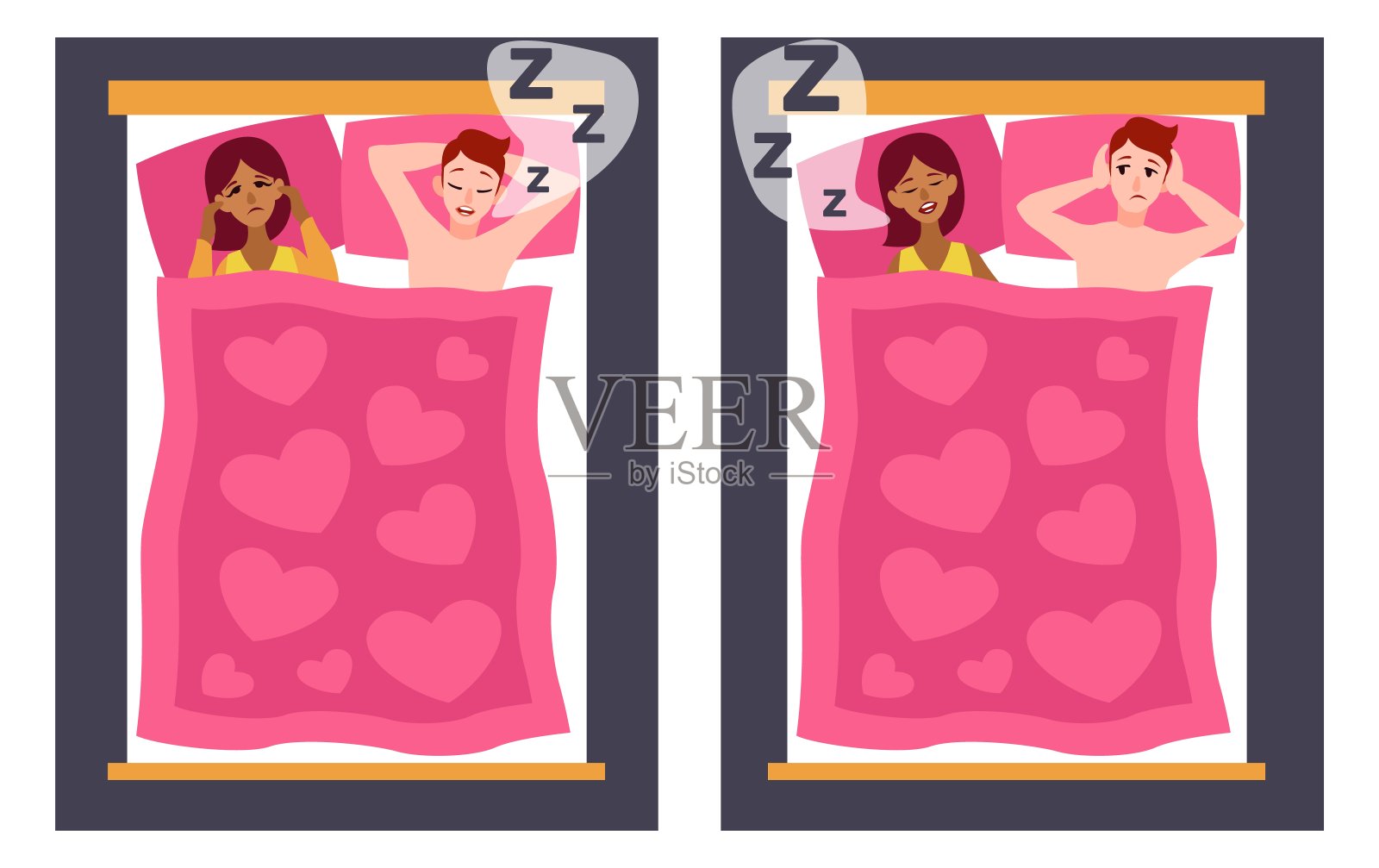 打鼾，失眠，睡眠不好，易怒的男女躺在床上。不眠之夜，疲劳之苦。家庭夫妇卧室顶景。卡通平面插图。向量的概念插画图片素材