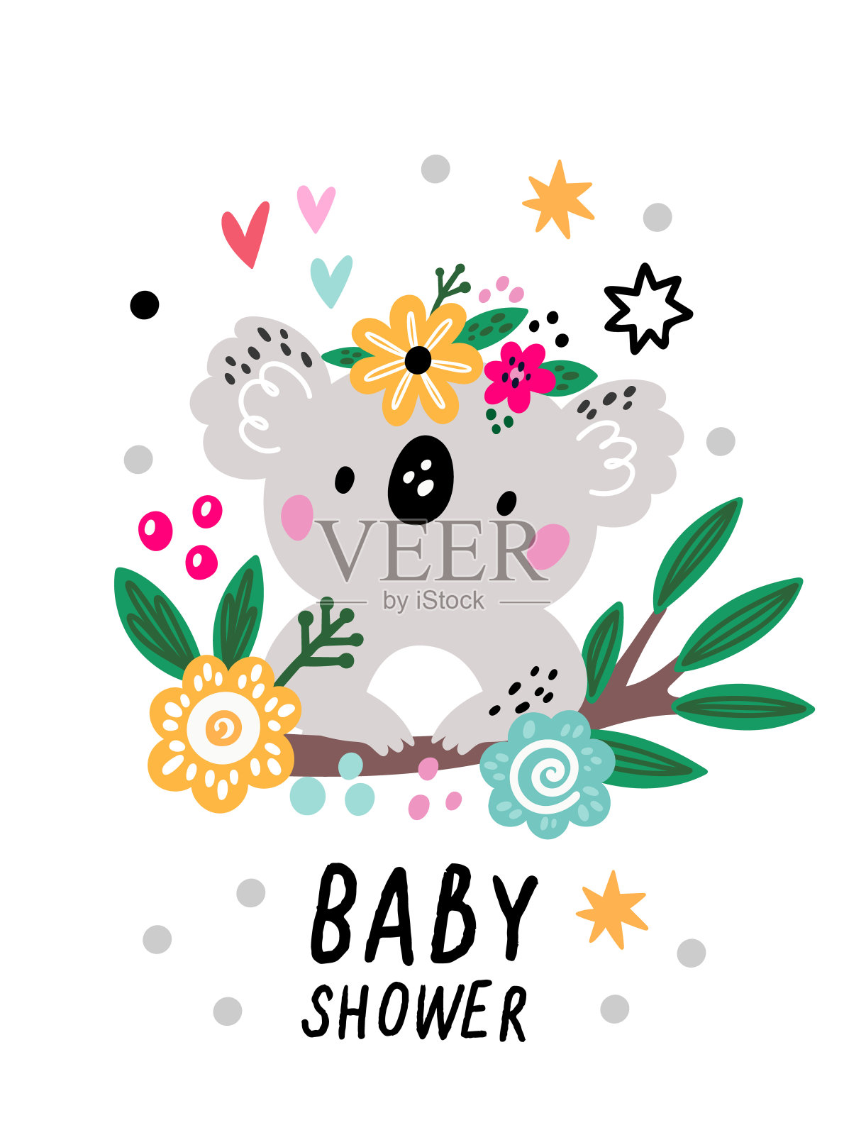可爱的考拉卡片。宝宝派对假期。生日庆典。卡通异域动物与花卉花环。花和植物枝叶。哺乳动物。矢量儿童横幅设计插画图片素材