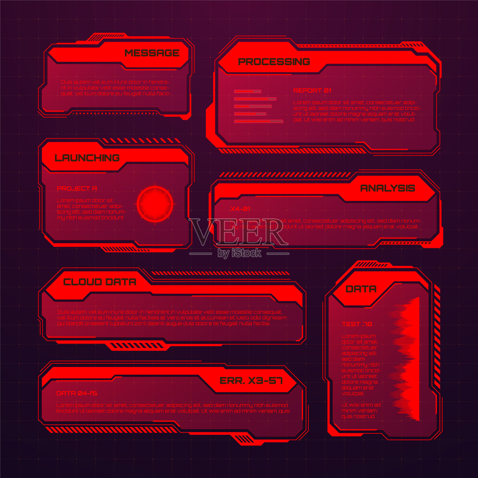 红色的未来感HUD或UI元素。科幻用户界面文本框，标注。警告消息框、信息框模板。现代游戏界面布局的数字风格。矢量图插画图片素材