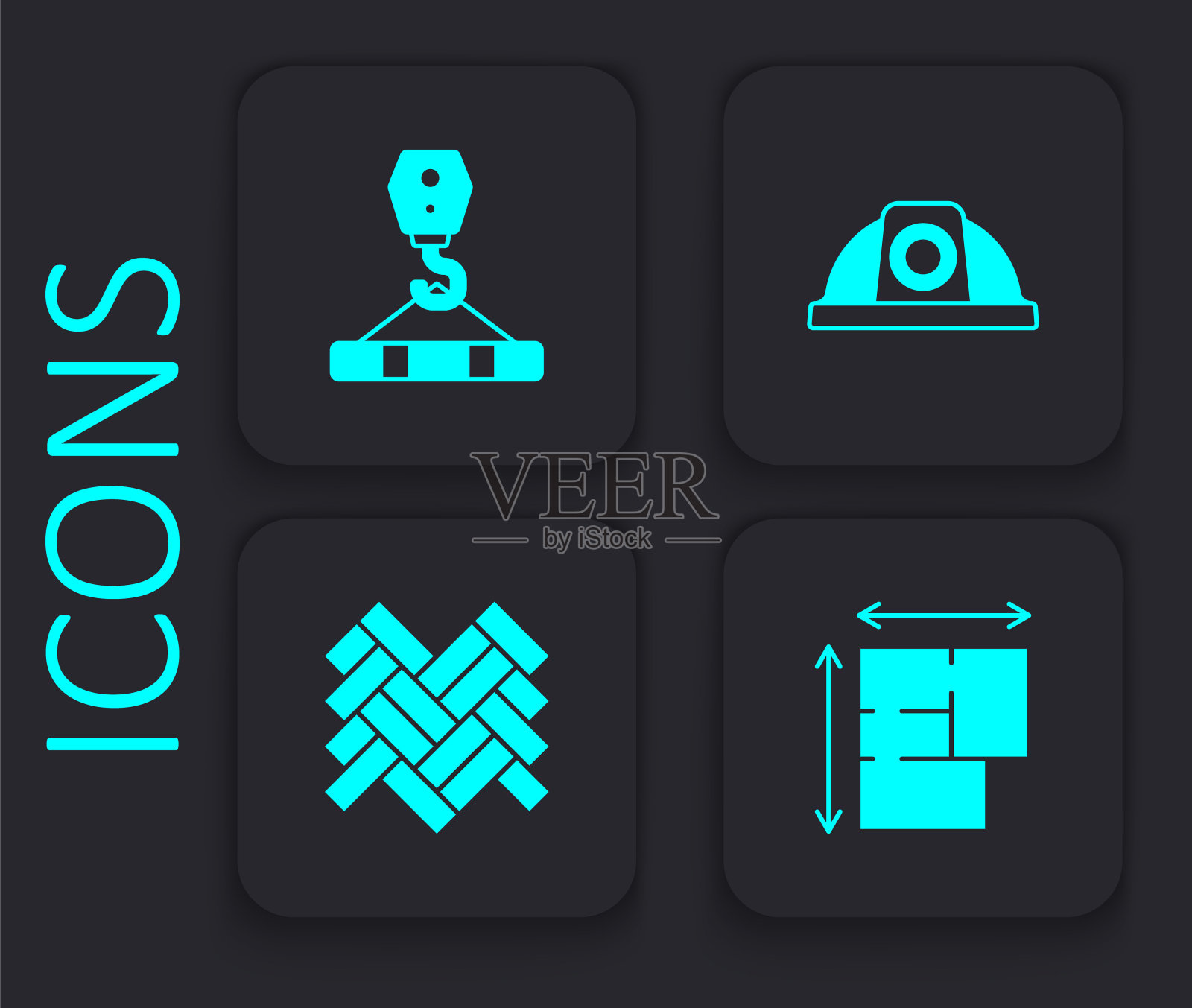 设置房屋平面图，吊车钩，工人安全帽和拼花标志。黑色方形按钮。向量图标素材