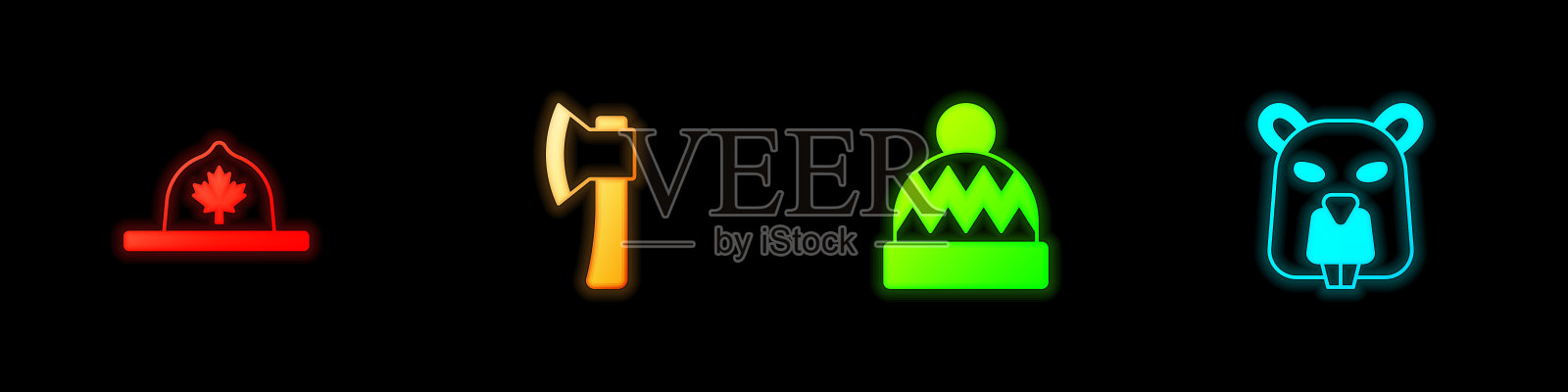 设置加拿大护林员帽，木斧，豆帽和海狸动物图标。向量图标素材