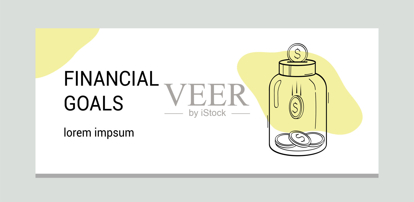 财务目标。矢量横幅模板。玻璃罐是一个存钱罐，硬币在往下掉。节约概念的象征。插画图片素材