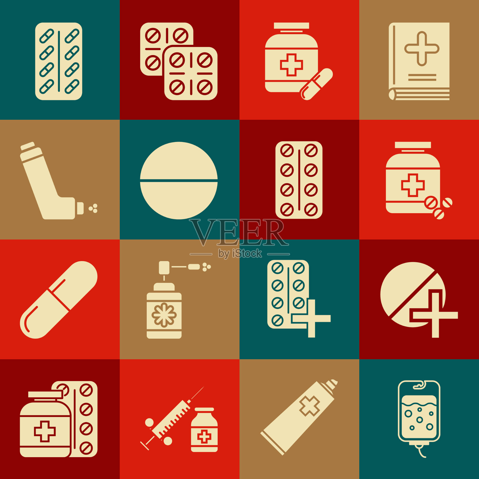 设置静脉输液袋、药丸或片剂瓶和图标素材