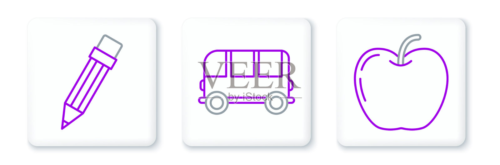 用橡皮擦和校车排成一行苹果铅笔图标素材